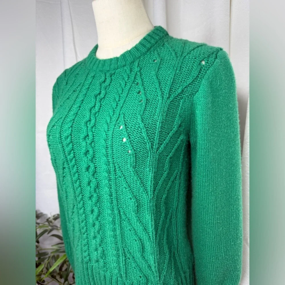 J. Crew Women’s Green Ribbed Crew Neck Cable Knit Sweater Sz Small - Picture 4 of 11